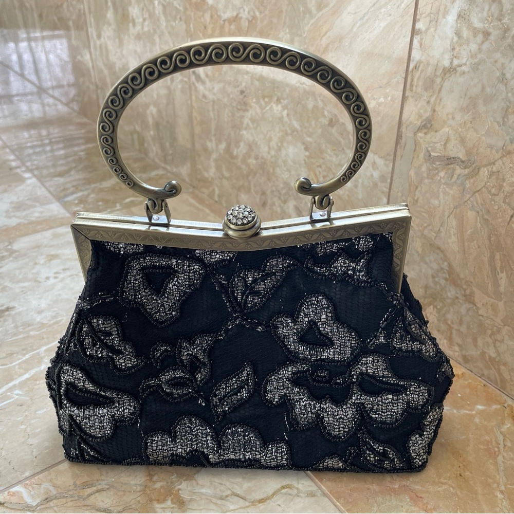 Vintage Hand-Beaded Evening Bag – Ornate Metal Frame -Width 9” and Height 6”